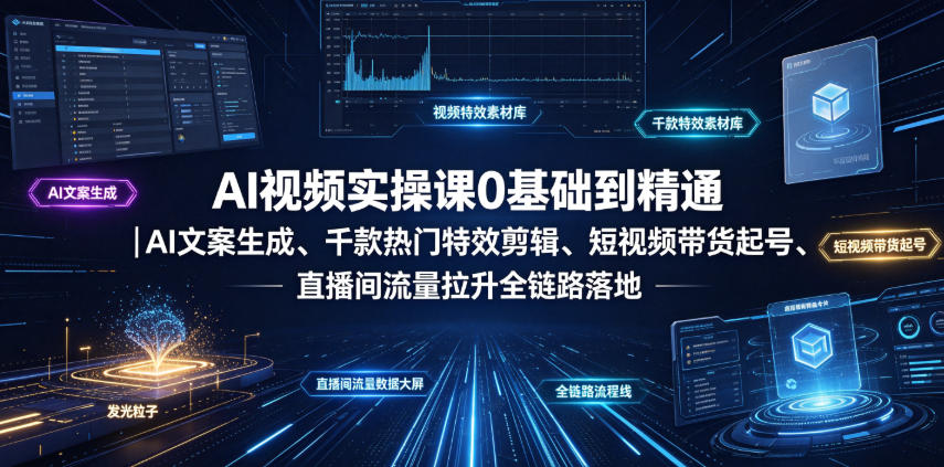 AI视频实操课0基础到精通|AI文案生成、千款热门特效剪辑、短视频带货起号、直播间流量拉升全链路落地-网赚副业网