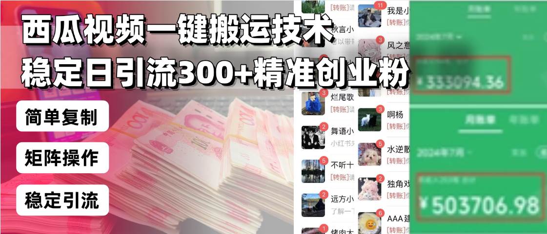(13961期)西瓜视频一键搬运技术,稳定日引流300+精准创业粉,简单可复制给团队,...-网赚副业网