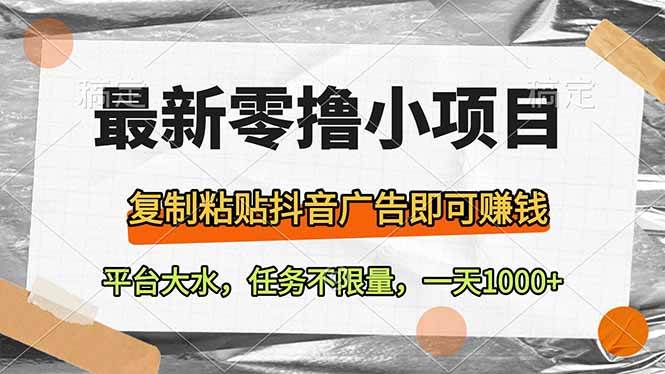 (14230期)最新零撸小项目,复制粘贴抖音广告即可赚钱,平台大水,任务不限量,一...-网赚副业网