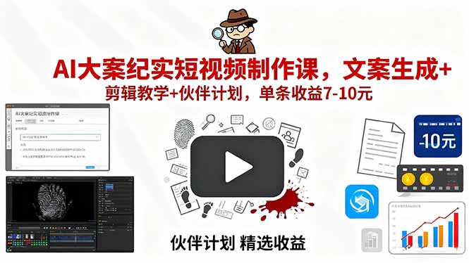 (15992期)AI大案纪实短视频制作课,文案生成+剪辑教学+伙伴计划,单条收益7-10元-网赚副业网