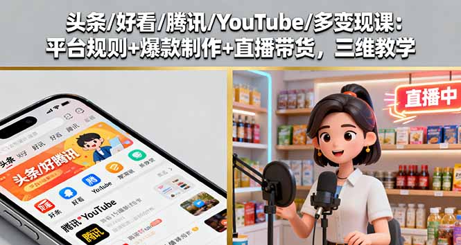 (16147期)头条/好看/腾讯/YouTube/多变现课:平台规则+爆款制作+直播带货,三维教学-网赚副业网