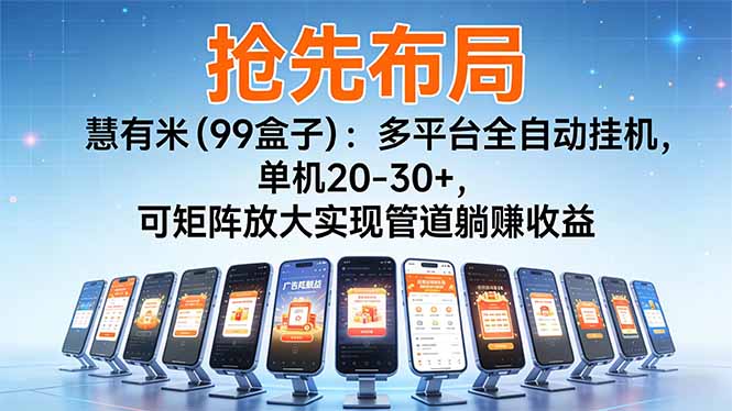 (16757期)【抢先布局】慧有米(99盒子):多平台全自动挂机,单机20-30+,可矩阵放大实现管道躺赚收益-网赚副业网