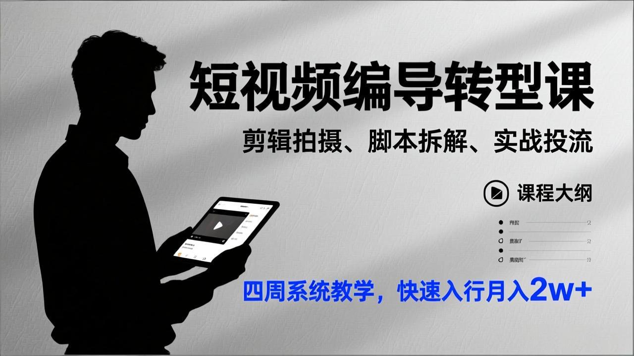 （17062期）短视频编导转型课，剪辑拍摄、脚本拆解、实战投流，四周系统教学，快速入行月入2w+-网赚副业网
