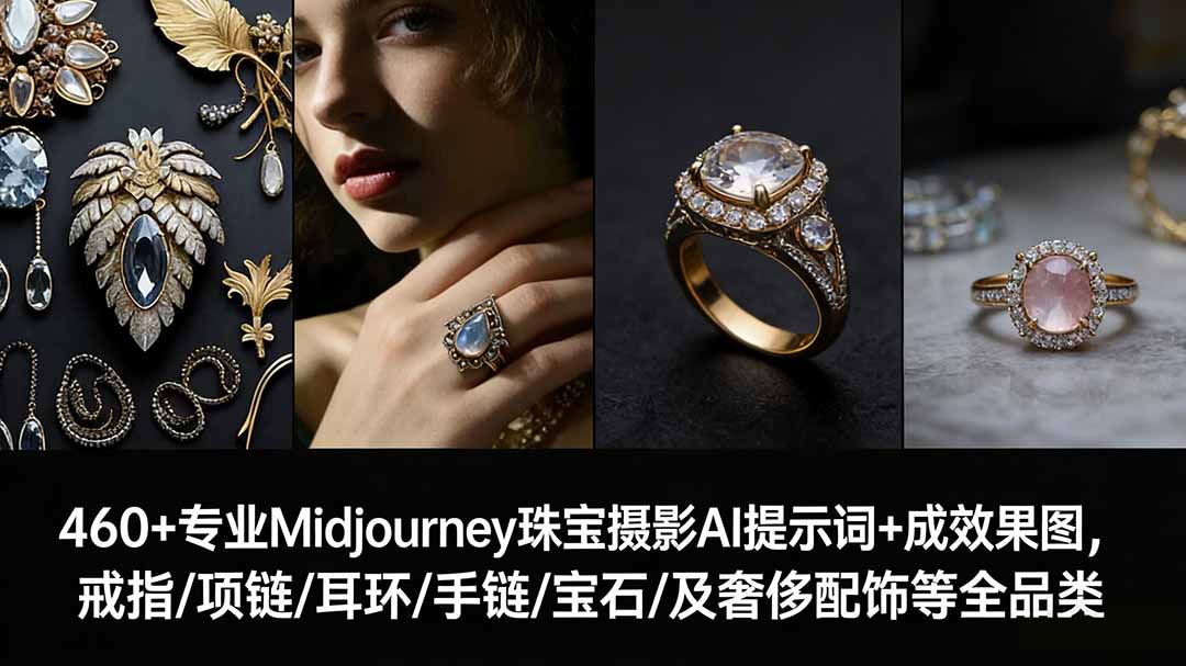 (17272期)460+专业Midjourney珠宝摄影AI提示词+成效果图,戒指/项链/耳环/手链/宝石/及奢侈配饰等全品类-网赚副业网