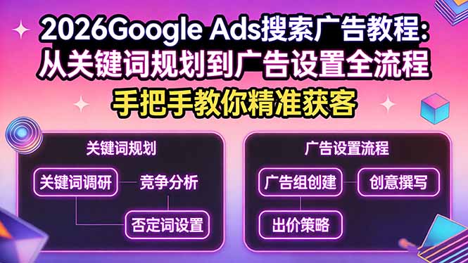 (17641期)2026Google Ads搜索广告教程:从关键词规划到广告设置全流程,手把手教你精准获客-网赚副业网