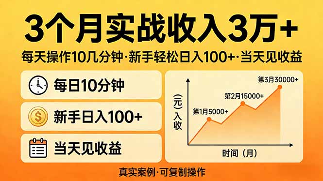 （17639期）3个月实战收入3万+，每天操作10几分钟，新手轻松日入100+，当天见收益-网赚副业网