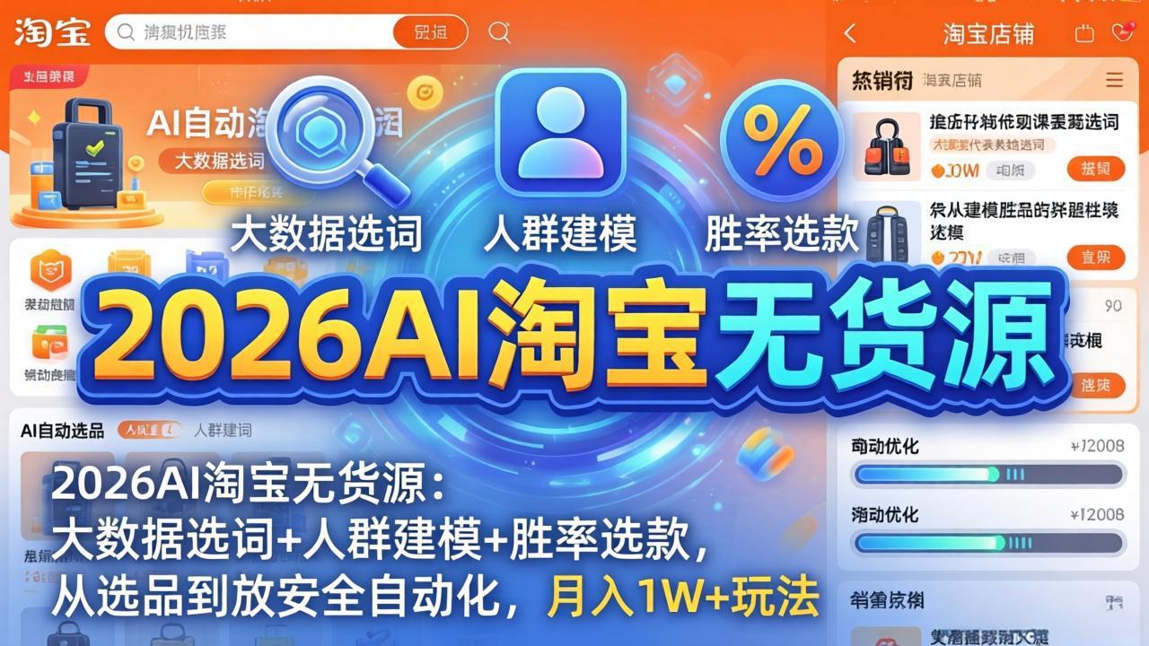 (17955期)2026AI淘宝无货源-4月更新:大数据选词+人群建模+胜率选款,从选品到放大全自动化,月入1W+玩法-网赚副业网