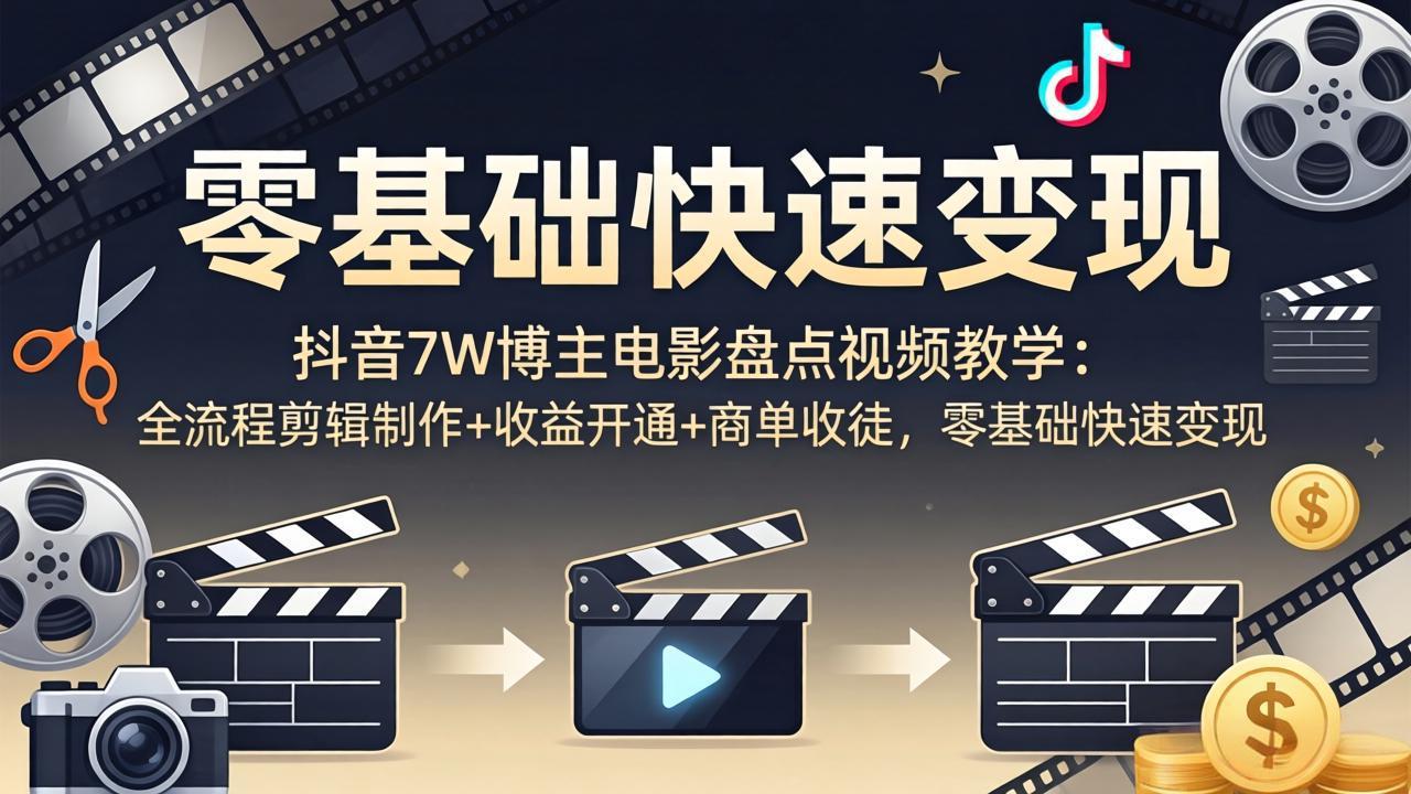 (18032期)抖音7W博主电影盘点视频教学:全流程剪辑制作+收益开通+商单收徒,零基础快速变现-网赚副业网