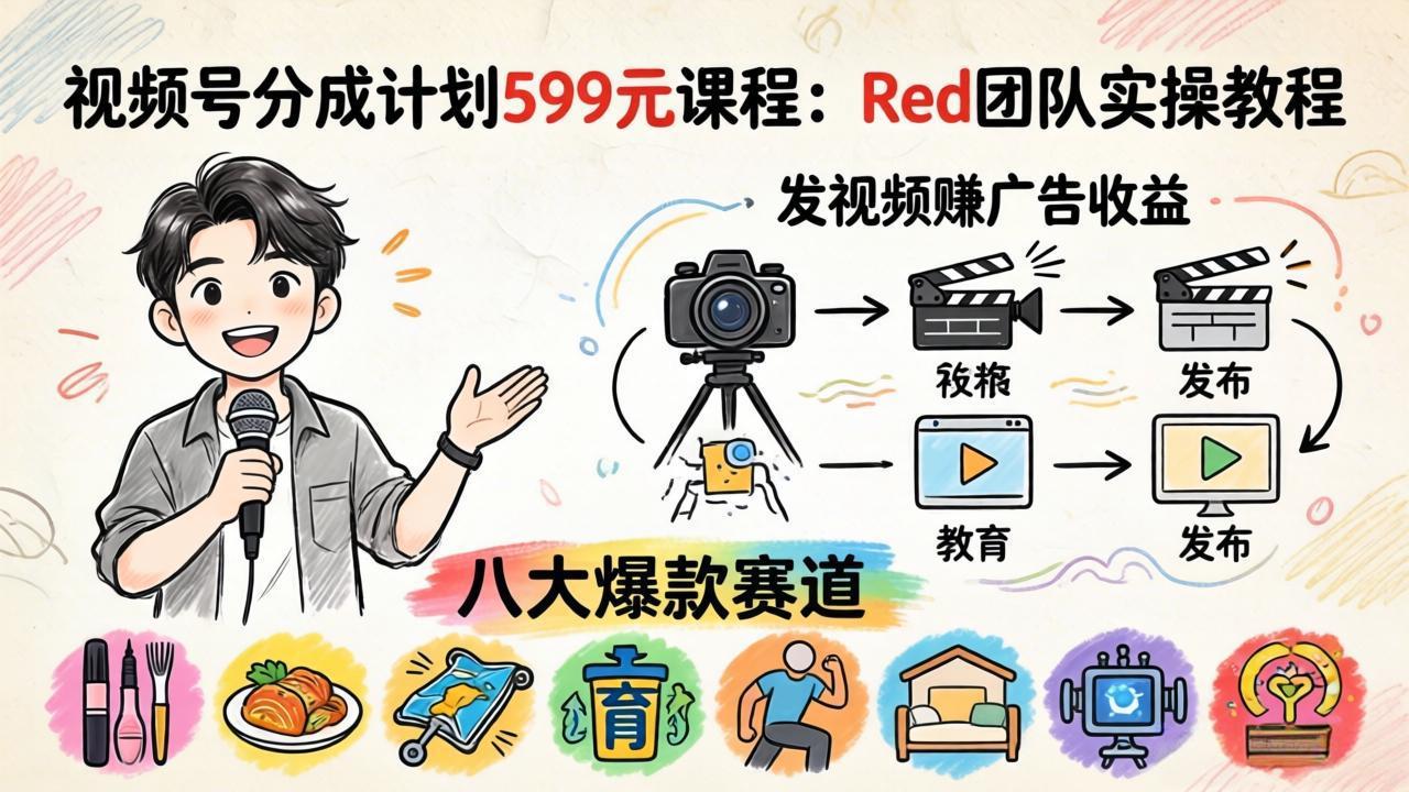 (18088期)视频号分成计划599元课程:Red团队实操教程,发视频赚广告收益,八大爆款赛道全掌握-网赚副业网