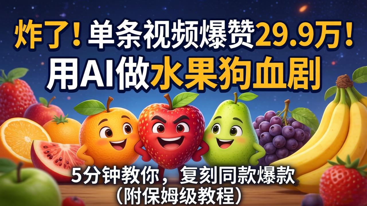(18206期)炸了!单条视频爆赞 29.9 万!用 AI 做水果狗血剧,5 分钟教你,复刻同款爆款(附保姆级教程)-网赚副业网