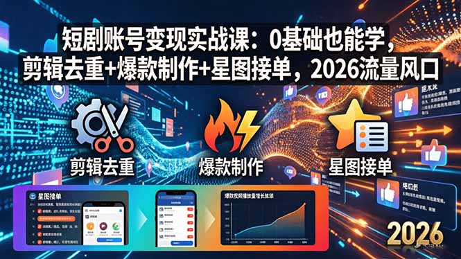 (18160期)短剧账号变现实战课:0基础也能学,剪辑去重+爆款制作+星图接单,2026流量风口-网赚副业网