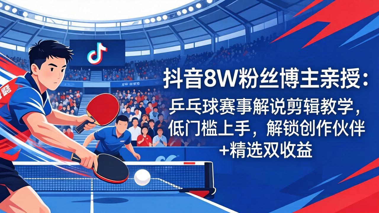 (18069期)抖音8W粉丝博主亲授:乒乓球赛事解说剪辑教学,低门槛上手,解锁创作伙伴+精选双收益-网赚副业网