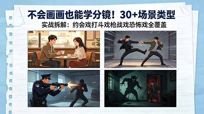 （18591期）不会画画也能学分镜！30+场景类型实战拆解：约会戏打斗戏枪战戏恐怖戏全覆盖-网赚副业网