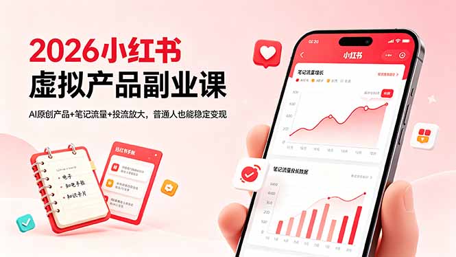 (18449期)2026小红书虚拟产品副业课,AI原创产品+笔记流量+投流放大,普通人也能稳定变现-网赚副业网