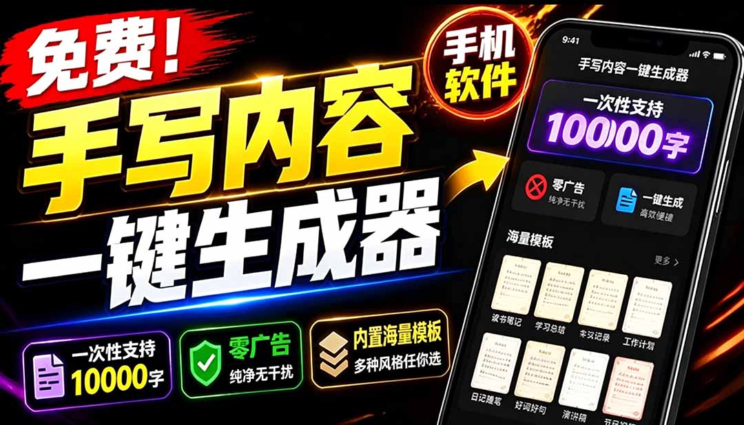 （18667期）超逼真手写字体一键生成器，纯免费离线运行，一次性支持10000字，零广告，内置海量模板-网赚副业网