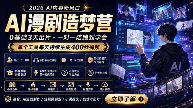 (18568期)AI漫剧造梦营:0基础3天出片,单个工具每天持续生成400秒视频-网赚副业网