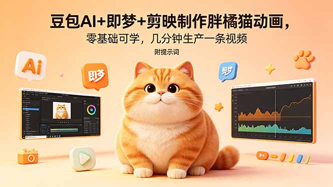 (18431期)豆包AI+即梦+剪映制作胖橘猫动画,零基础可学,几分钟生产一条视频,附提示词-网赚副业网