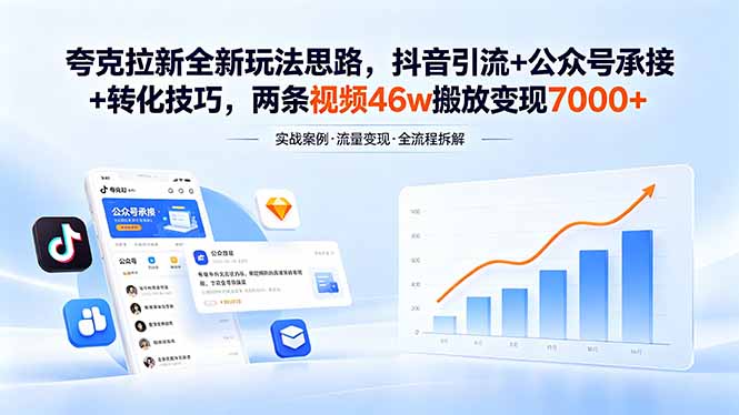 (18416期)夸克拉新全新玩法思路,抖音引流+公众号承接+转化技巧,两条视频46w搬放 变现7000+-网赚副业网