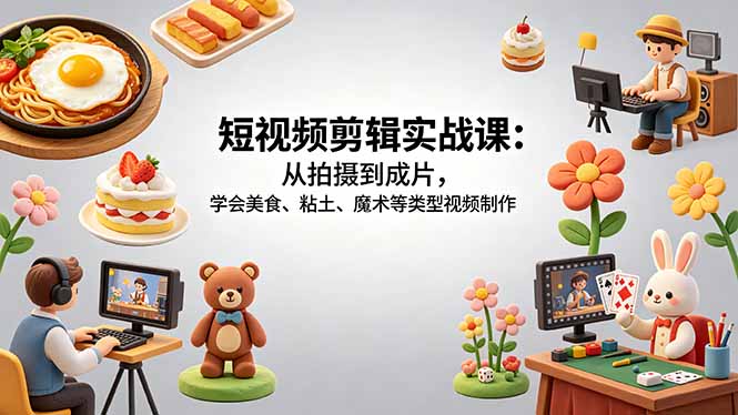 (18375期)短视频剪辑实战课:从拍摄到成片,学会美食、粘土、魔术等类型视频制作-网赚副业网