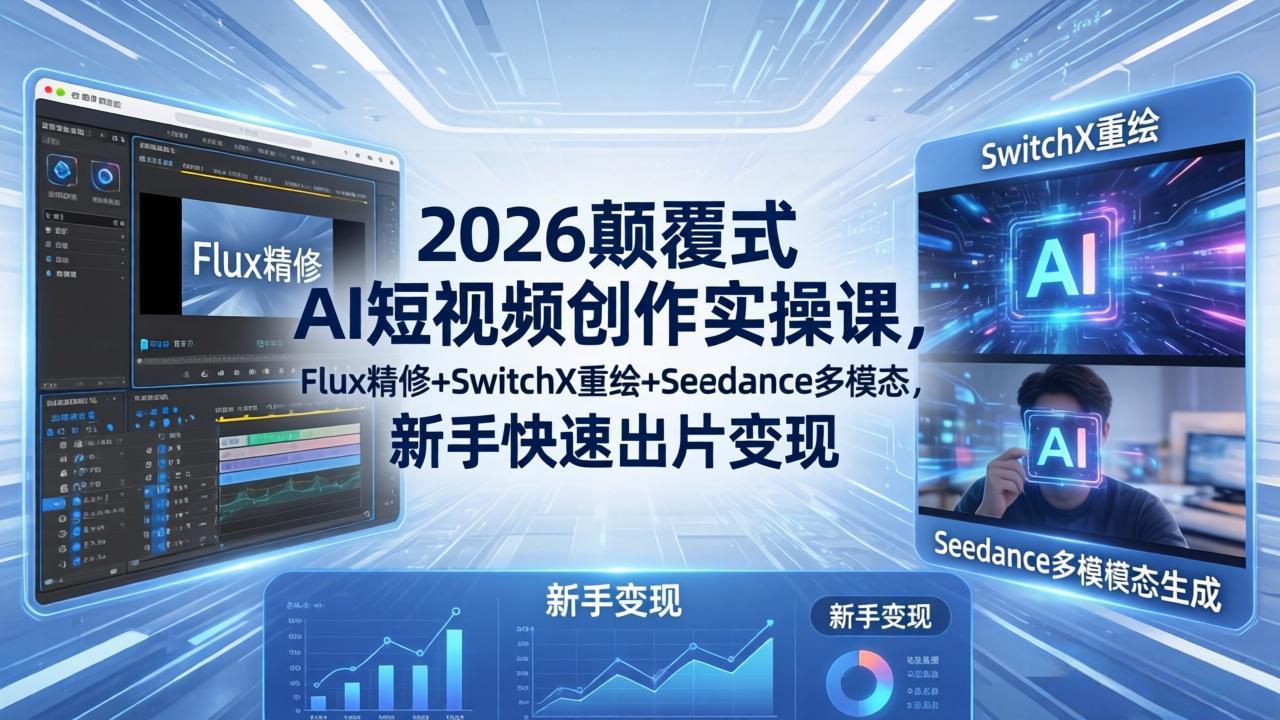 (18449期)2026颠覆式 AI短视频创作课-5月更新,Flux精修+SwitchX重绘+Seedance多模态,新手快速出片变现-网赚副业网
