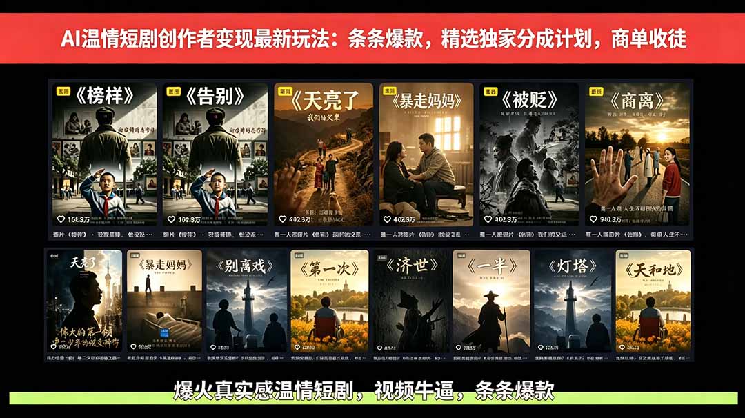 (18748期)AI温情短剧创作者变现最新玩法:视频牛逼,条条爆款,精选独家分成计划,商单收徒-网赚副业网