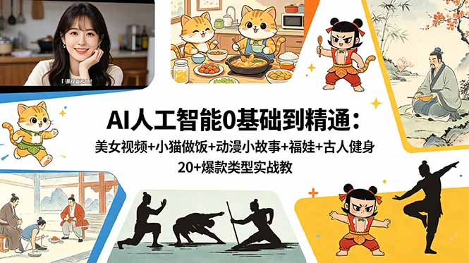 (18685期)AI人工智能0基础到精通:美女视频+小猫做饭+动漫小故事+福娃+古人健身,20+爆款类型实战教学-网赚副业网