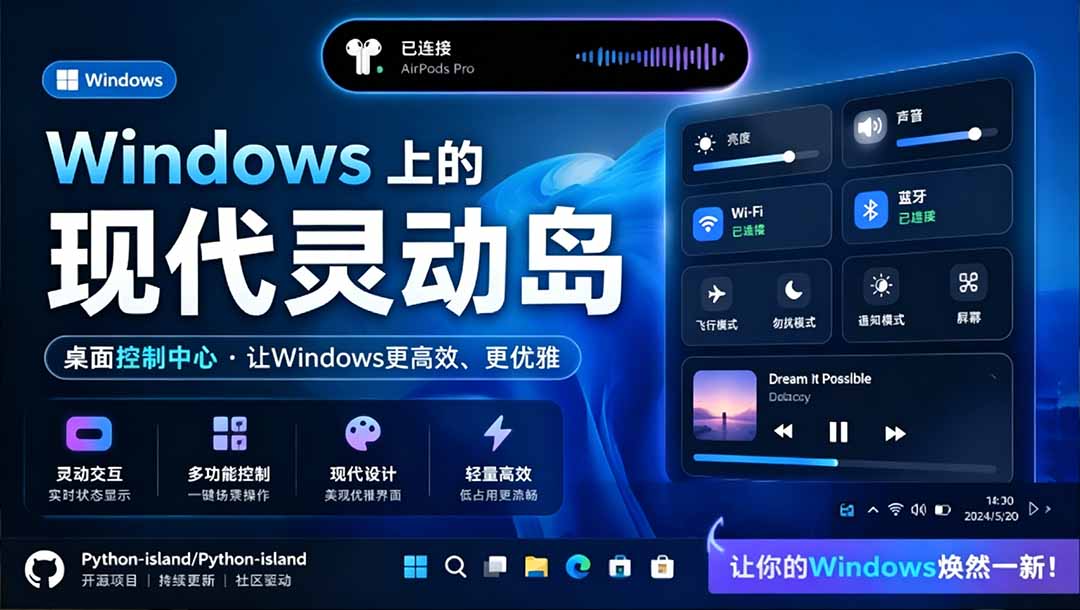 (19104期)Windows也能拥有桌面灵动岛!现代化的系统控制中心,让你的电脑多个黑刘海,PyIsland-网赚副业网