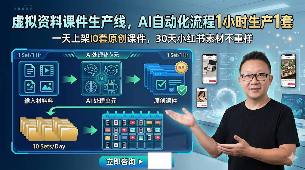 (19091期)虚拟资料课件生产线,AI自动化流程1小时生产1套,一天上架10套原创课件,30天小红书素材不重样-网赚副业网