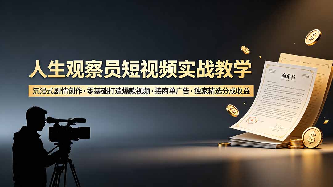 (19113期)人生观察员短视频实战教学,沉浸式剧情创作,零基础打造爆款视频,接商单广告,独家精选分成收益-网赚副业网