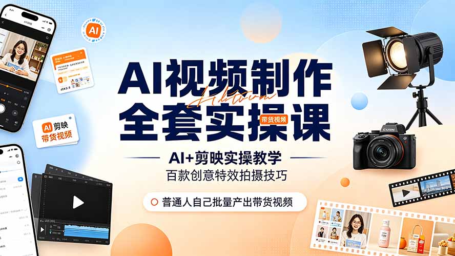 (19200期)AI视频制作全套实操课,多款AI工具搭配剪映教学,百种特效运镜拍摄实操,抖音账号带货运营全覆盖-网赚副业网