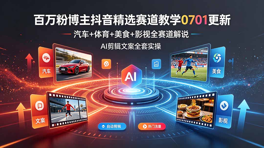 (19144期)百万粉博主抖音精选赛道教学-0701更新,汽车+体育+美食+影视全赛道解说,AI剪辑文案全套实操-网赚副业网