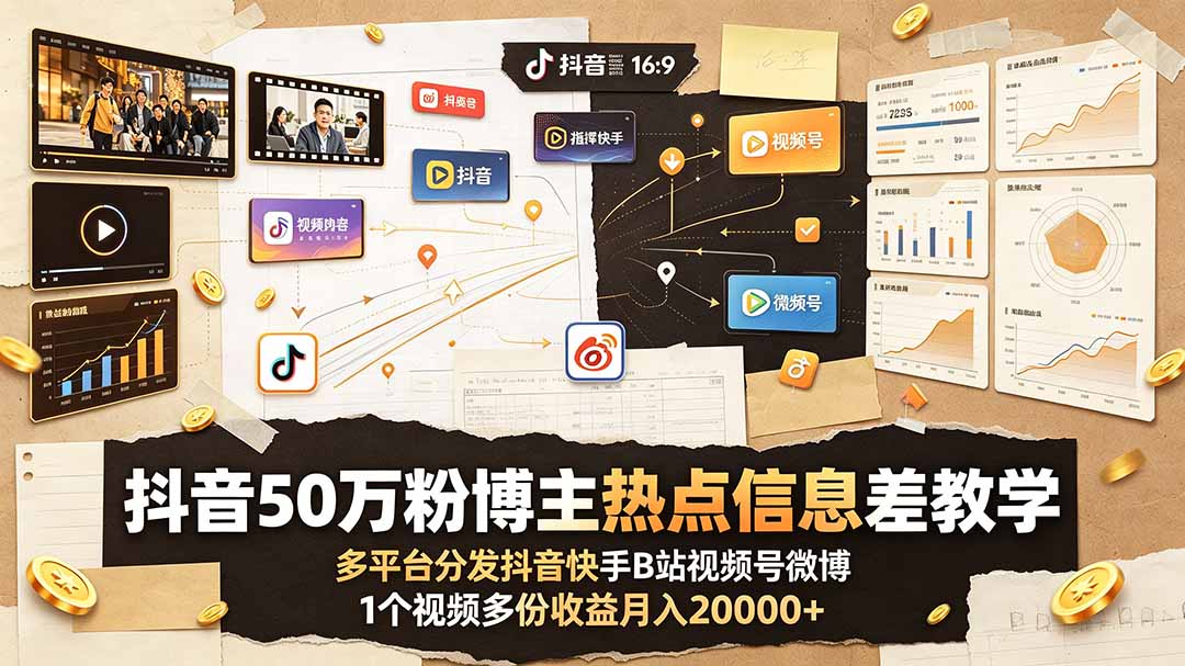 （19145期）抖音50万粉博主热点信息差教学：多平台分发抖音快手B站视频号微博，1个视频多份收益月入20000+-网赚副业网