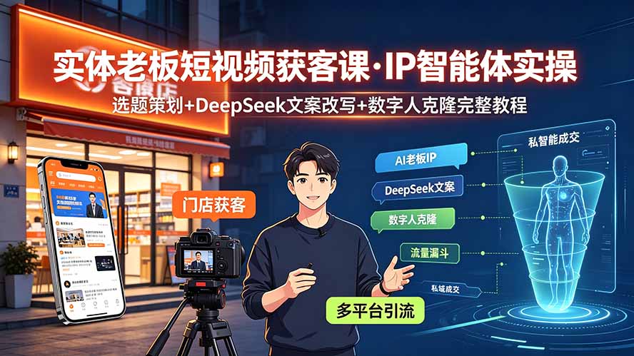 (19260期)实体老板短视频获客课·IP智能体实操|选题策划+DeepSeek文案改写+数字人克隆完整教程-网赚副业网