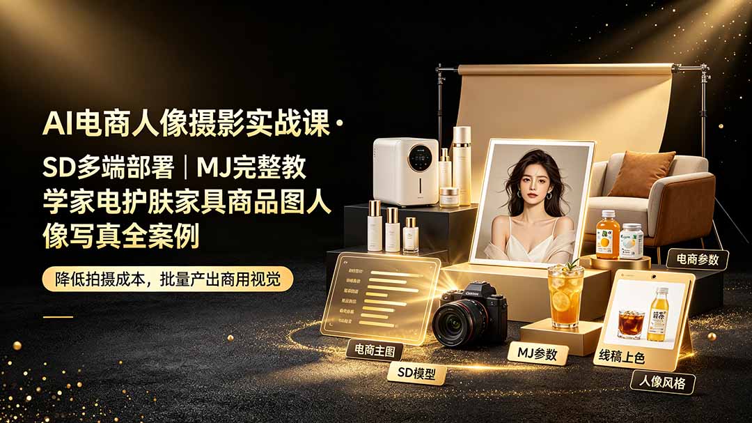 (19262期)AI电商人像摄影实战课·SD多端部署|MJ完整教学|家电护肤家具商品图人像写真全案例-网赚副业网