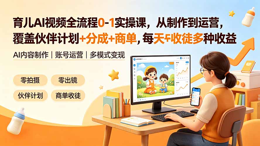 (19236期)育儿AI视频全流程0-1实操课,从制作到运营,覆盖伙伴计划+分成+商单+收徒多种收益,每天500+收益-网赚副业网