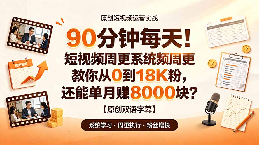 (19265期)90 分钟每天!短视频周更系统教你从 0 到 18K 粉,还能单月赚 8000 块?【原创双语字幕】-网赚副业网