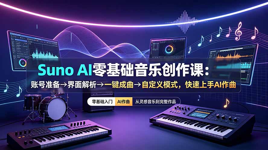 (19264期)Suno AI零基础音乐创作课:账号准备→界面解析→一键成曲→自定义模式,快速上手AI作曲-网赚副业网