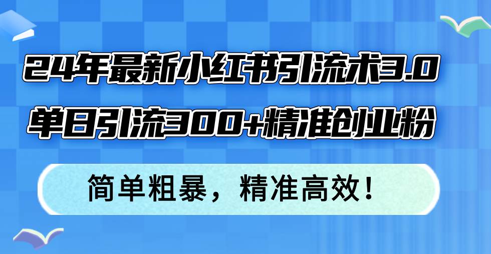 24年最新小红书引流术3.0，单日引流300+精准创业粉，简单粗暴，精准高效！-网赚资源网